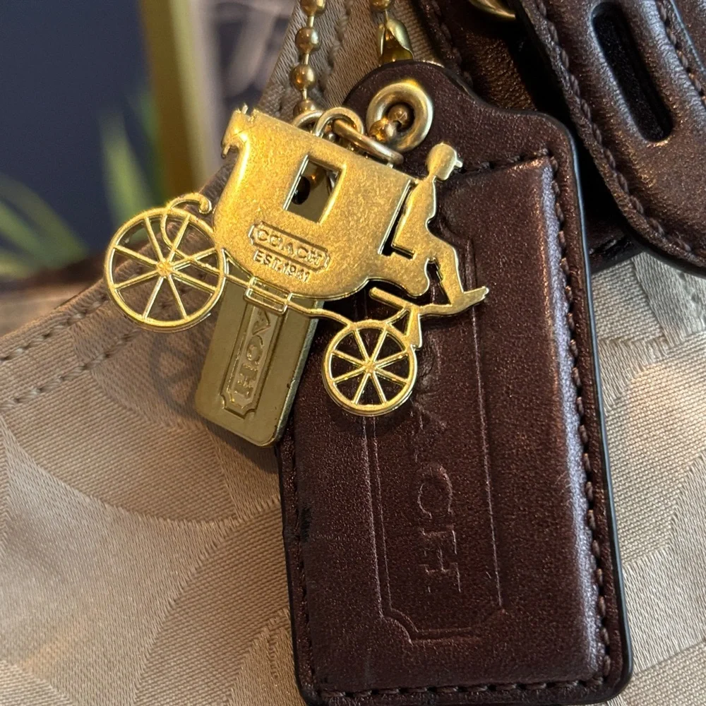 Coach Khaki Signature Jacquard Shoulder Bag with Dark Brown Trim - Picture 4 of 17